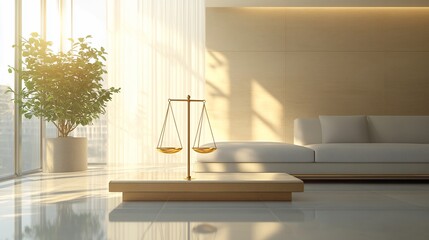 Poster - A modern interior featuring a scale symbolizing justice and a serene atmosphere.