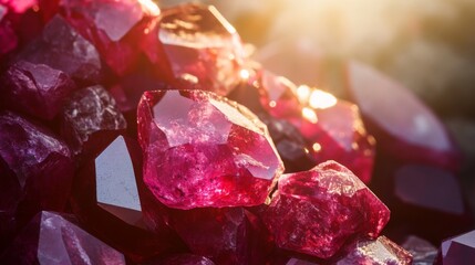 Aufkleber - A collection of beautiful, vibrant gemstones lies scattered on a surface, glimmering in the sunlight. The rich hues of red and purple create a striking visual contrast against the natural backdrop.