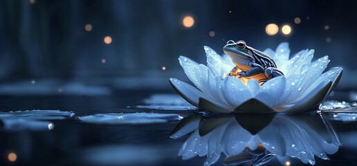 Aufkleber - A serene frog perched on a glowing lily pad in a tranquil water setting.