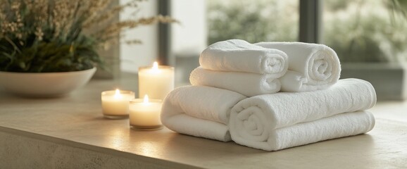 Poster - A serene setting with neatly rolled white towels and candles for relaxation.