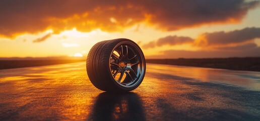 Poster - A solitary tire on a reflective surface during a sunset.