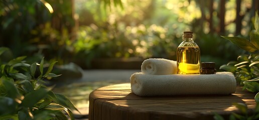 Poster - A tranquil spa setting with towels and essential oil for relaxation.