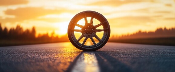 Aufkleber - A wheel positioned on a road at sunset, highlighting its design and context.