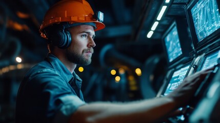 Poster - A technician engages with high-tech control panels, wearing a hard hat and headphones. The setting is dimly lit, emphasizing the display screens.