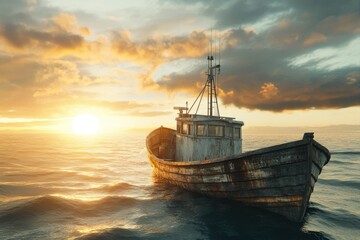 Poster - Old weathered fishing boat floats serenely on calm sea at sunset, bathed in golden light.