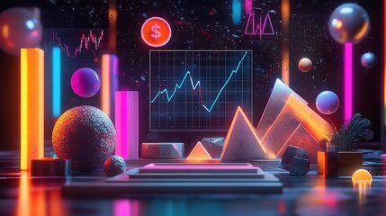 Poster - Neon geometric shapes and financial chart.
