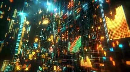 Poster - Glowing digital grid with graphs and data.