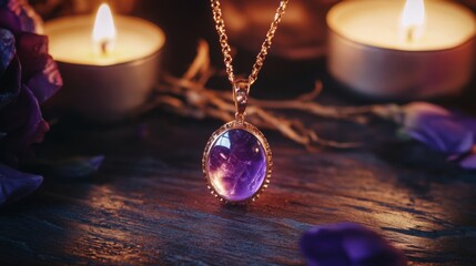 Poster - Purple gemstone pendant is delicately displayed on a dark surface, surrounded by flickering candles and scattered rose petals, creating a calming and mystical atmosphere in a cozy setting.
