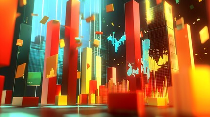 Aufkleber - Abstract city skyline with vibrant, glowing geometric shapes and data visualizations.