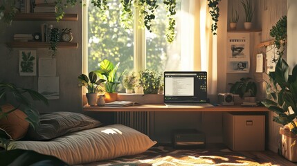 Poster - A relaxing home office setup with leafy plants, natural sunlight, and cozy cushions.