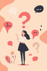Poster - Woman surrounded by speech bubbles pondering thoughts in an abstract setting