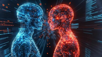 Poster - Digital representation of human figures in vibrant colors illustrating technology and connection