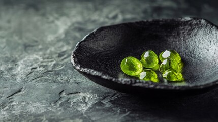 Aufkleber - Five striking green gemstones are arranged on a textured black dish, showcasing their glossy surfaces and natural shapes. The dark backdrop enhances their vivid hues and intricate details.
