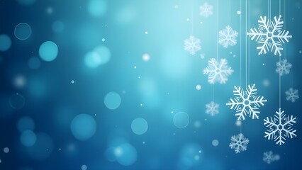Poster - A serene winter scene with delicate snowflakes suspended against a backdrop of shimmering blue bokeh