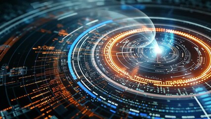 Aufkleber - Complex circular interface displaying data analysis and processing, visualized with glowing lines and intricate patterns, representing advanced future technology
