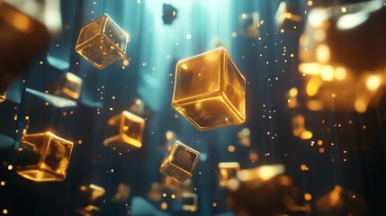 Aufkleber - Golden cubes resembling gemstones float gracefully in an enchanting underwater setting. Light filters through the water, creating an ethereal atmosphere filled with shimmering particles.