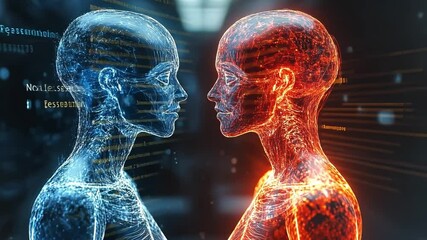 Poster - Colorful digital humanoids converse visually in a futuristic setting