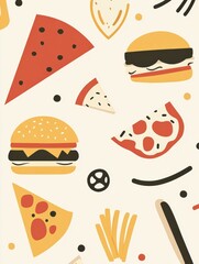Poster - Various abstract silhouettes display burgers, pizza slices, and fries, creating a playful and vibrant food-themed pattern. Generative AI