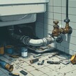 © Espresso - A detailed view of messy plumbing under a sink, showcasing tools and pipes in a well-used bathroom setting.