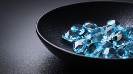 Aufkleber - Glimmering blue gemstones are beautifully displayed in a black bowl, contrasting with the dark surface underneath. The stones catch the light, showcasing their facets and colors.
