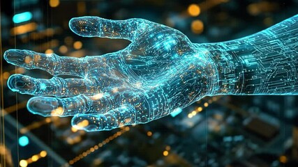Poster - Advanced holographic hand displaying intricate circuitry patterns in a futuristic city environment