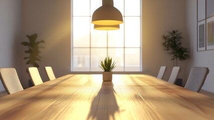 Poster - Sunlit modern conference room with large wooden table, chairs, and plants.