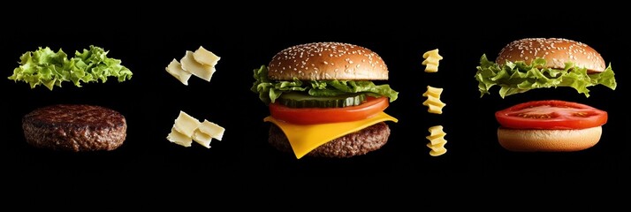 Poster - Floating ingredients showcase a tasty burger assembly, featuring a juicy patty, melted cheese, fresh lettuce, ripe tomato, and sesame buns. Generative AI