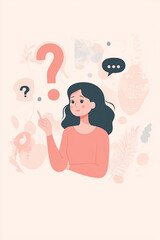 Aufkleber - Young woman pondering questions with thought bubbles and abstract shapes in a light background setting