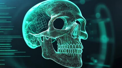 Poster - 3D holographic representation of a human skull with detailed wireframe design