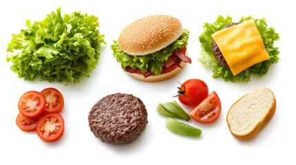 Aufkleber - Ingredients for a delicious burger hover in mid-air, showcasing a juicy patty, fresh lettuce, ripe tomatoes, and a melting slice of cheese. Generative AI
