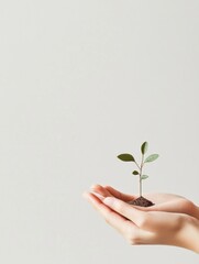 Aufkleber - Two hands gently hold a tiny seedling emerging from dark soil, representing care for nature and growth in a simple, serene setting. Generative AI