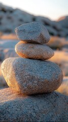 Poster - Two large rocks balance delicately atop one another against a tranquil desert backdrop. The warm glow of sunset highlights their textures, celebrating nature's harmony