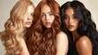 Three women with diverse hair colors and textures stand closely, showcasing their long hair extensions. Their confidence and beauty radiate in this artistic studio setting