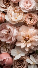 Poster - In a stunning arrangement, peonies and various delicate blossoms create a harmonious blend of soft pinks and whites. This floral composition radiates serenity and grace, Mocha Mousse