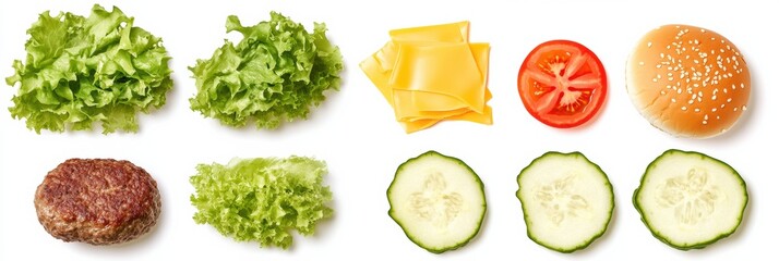 Aufkleber - Ingredients for a fresh burger are suspended mid-air, showcasing lettuce, tomato, cheese, patty, and buns in an engaging layout. Generative AI