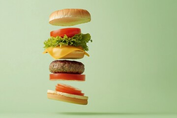 Aufkleber - Fresh burger ingredients are suspended mid-air, featuring layers of bun, lettuce, tomato, cheese, and a juicy patty ready for assembly. Generative AI