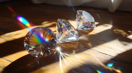 Poster - Three sparkling gemstones rest on a wooden floor, illuminated by bright sunlight creating vibrant rainbows. Their sharp facets and unique shapes catch the light, enhancing the colorful display.