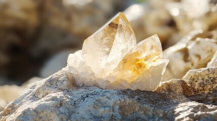 Poster - A stunning gemstone crystal is perched on a rocky surface, reflecting sunlight and displaying brilliant hues. This natural formation captures the beauty of minerals in a serene outdoor environment.