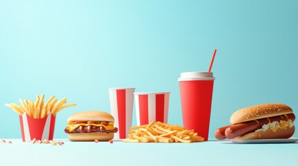 Poster - A colorful table displays a variety of fast food items including fries, hot dogs, burgers, and soft drinks against a bright backdrop. Generative AI