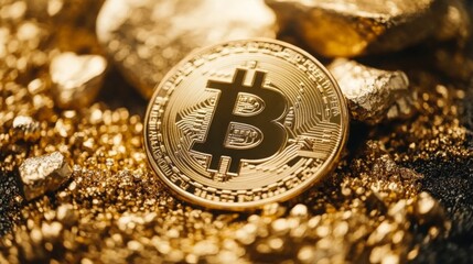 Aufkleber - A cryptocurrency coin features a distinct emblem against a backdrop of sparkling golden gemstones and metallic fragments. The contrasting textures highlight the fusion of technology and wealth.