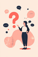 Poster - Woman pondering with question marks and speech bubbles in a colorful abstract design