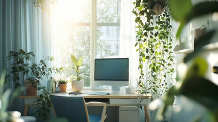Poster - Sunlit home office workspace with many plants and a computer on a desk by a window.