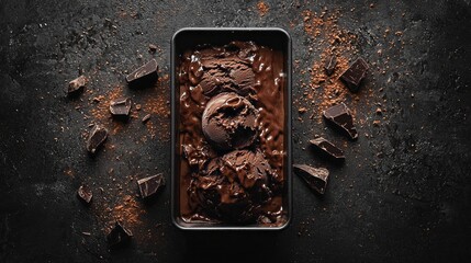 Poster - Rich chocolate ice cream fills a rustic black pan, adorned with chunks of dark chocolate and cocoa dust, inviting indulgence. A sensory delight awaits on a textured dark surface, Mocha Mousse