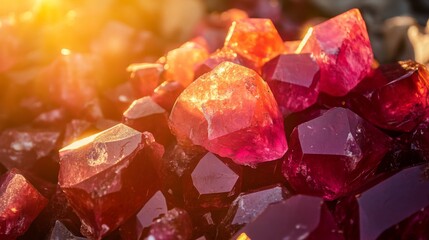 Aufkleber - Shimmering gemstones with dynamic red and purple colors are clustered together, reflecting sunlight. Their intricate shapes and facets create a captivating display, showcasing nature's beauty.