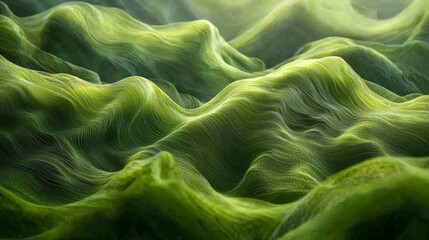 Poster - Nature's canvas reveals wind-illuminated green grass, creating gentle waves in a tranquil landscape. The soft light enhances the lush hues, inviting a moment of calm
