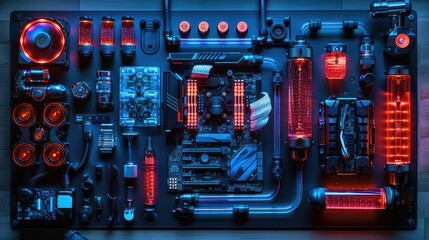 Poster - A top-down view of a custom PC build showcasing components with vibrant LED lighting.
