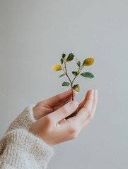Aufkleber - Hands carefully support a young seedling, its delicate leaves showcasing a blend of green and yellow, in a calm indoor environment. Generative AI