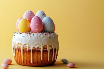 Wall Mural - Colorful Easter cake with decorative eggs and sprinkles on a plain background