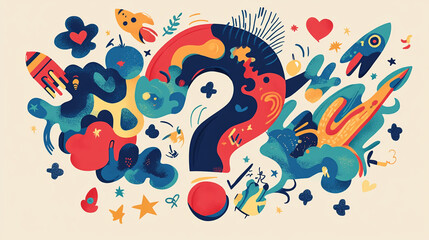 Poster - Vibrant abstract design featuring question mark surrounded by playful illustrations and colorful elements, highlighting creativity and curiosity