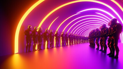 Poster - Astronauts in neon tunnel.